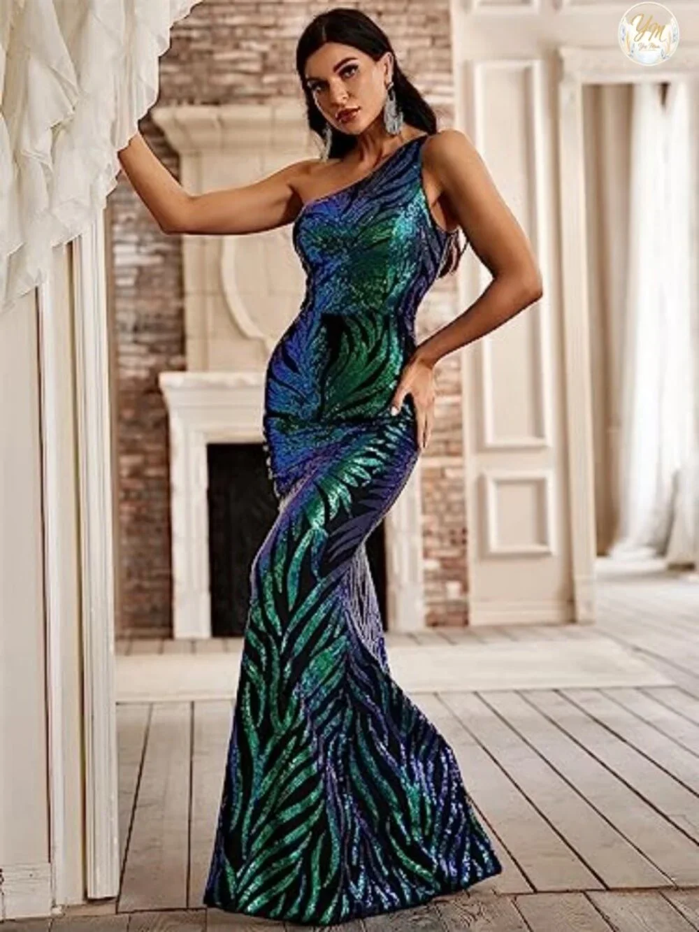 Women's One Shoulder Sequin Evening Gown Formal Prom Maxi Dress